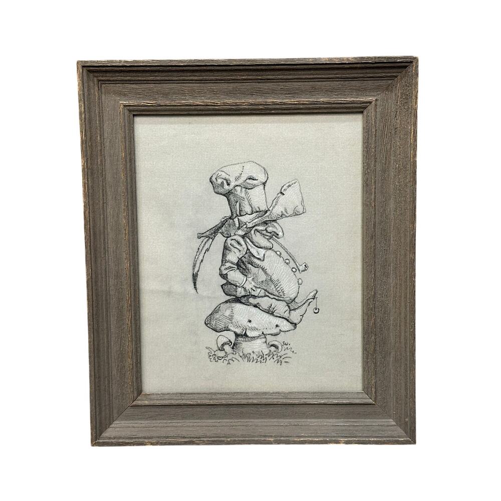 Graphite Pencil Art Gnome Mushroom Framed Woodland Fantasy Sketch 13.5”‎ whimsy